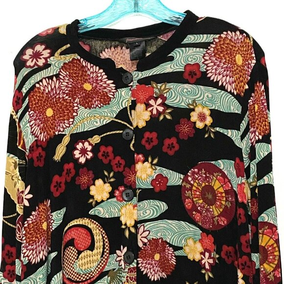 Francesca Rose Button Front Sweater Women L Bloomcore Boho Asian Oriental Floral - Picture 1 of 5